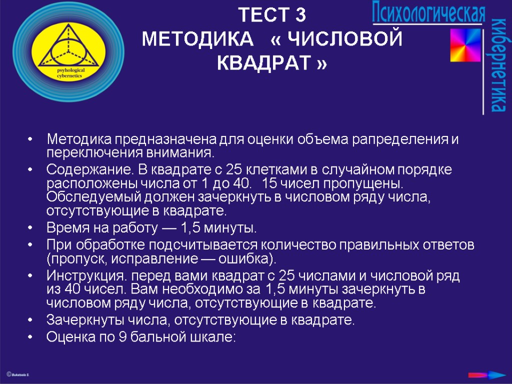 ТЕСТ 3 МЕТОДИКА « ЧИСЛОВОЙ КВАДРАТ » Методика предназначена для оценки объема рапределения и